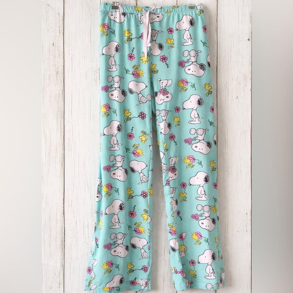 Peanuts Woman’s Pajamas/Lounge Pants- Aqua with Snoopy and Woodstock
